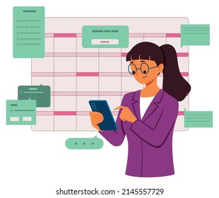 Flat design illustration with business woman scheduling with her calendar app.