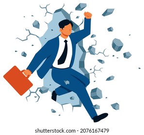 Flat design illustration with businessman crushing a concrete wall.