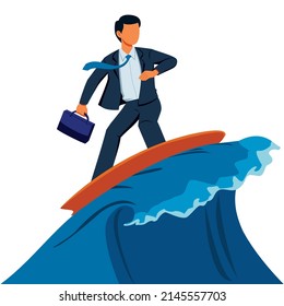 Flat Design Illustration With Businessman Riding Big Wave On A Surfboard.