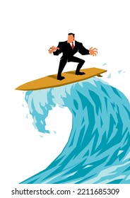 Flat design illustration with businessman riding big wave on a surfboard.
