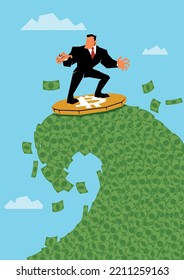 Flat design illustration with businessman surfing on bitcoin and riding a huge wave of fiat curency.