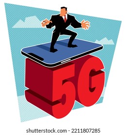 Flat design illustration with businessman surfing on smartphone and 5G symbol.