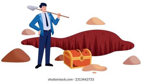 Flat design illustration of businessman who just dug out a buried treasure.