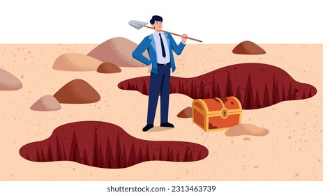 Flat design illustration of businessman who just dug out a buried treasure.