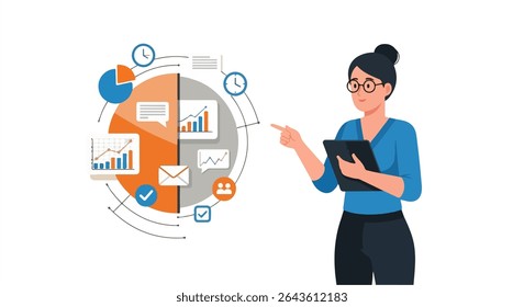 Flat Design Illustration of Businesswoman Holding Tablet and Pointing Toward Floating Charts and Icons Representing Data Visualization, Communication, and Task Management