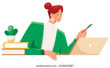 Flat design illustration with businesswoman making presentation isolated on white background.