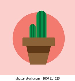 Dibujo plano cactus en la cacerola con arte vector de fondo de círculo rosa.