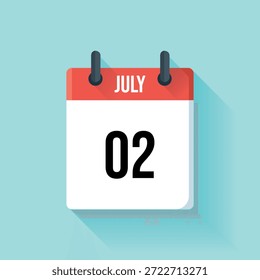 A flat design illustration of a calendar page showing july second of the month.
