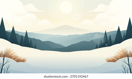 Flaches Design einer ruhigen Winterlandschaft mit verschneiten Hügeln, Pinien und fernen blauen Bergen unter einer sanft leuchtenden Sonne. Perfekt für saisonale Hintergründe oder Webdesign.