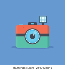 Flat design illustration of a camera with a flash attached.  The camera is depicted in a vibrant, colorful style, with a focus on simplified shapes and bright hues. 