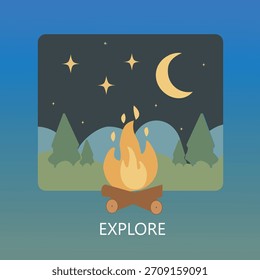 Ilustración plana del diseño de una fogata en la noche con las estrellas, la luna y el bosque