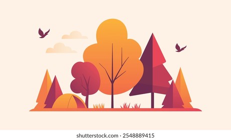 Flat Design Illustration of Camping Tent in Forest with Pine Trees in Autumn Fall Season