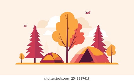 Flat Design Illustration of Camping Tent in Forest with Pine Trees in Autumn Fall Season