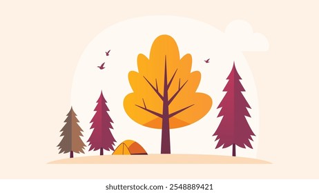 Flat Design Illustration of Camping Tent in Forest with Pine Trees in Autumn Fall Season