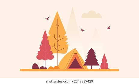 Flat Design Illustration of Camping Tent in Forest with Pine Trees in Autumn Fall Season