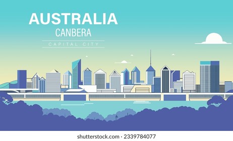 Fondo del horizonte de Canberra, capital australiana, con densa vegetación a orillas del río de renderización digital, estilo tipográfico, diseño plano