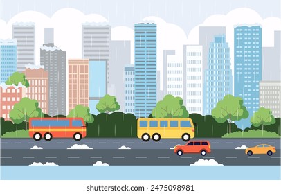 Ilustración de diseño plano de vehículo de autobús de coche en el tráfico de la ciudad con paisaje urbano en temporada de lluvia