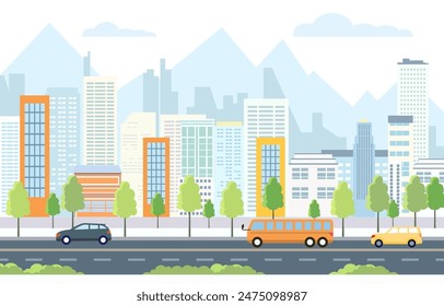 Flat Design Illustration of Car Bus Vehicle in City Road Traffic with Cityscape in Bright Day