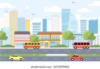 Ilustración plana del diseño del vehículo del autobús del coche en el tráfico de la ciudad con el paisaje urbano en día brillante