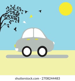 Ilustración de diseño plano de un coche que conduce en una carretera accidentada y desigual. Formas simples, estilo mínimo y aspecto limpio del Vector conveniente para el transporte, el viaje, la seguridad vial, el movimiento, la vibración.