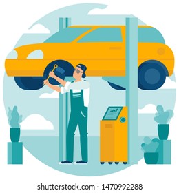 Flat design illustration of car service. Cartoon concept repairing the car, tire service, vehicle  diagnostics, spare parts. Vector template for banner, poster, inographics, web page and mobile app.