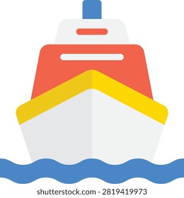 A flat design illustration of a cargo ship with a vibrant color palette, sailing on stylized waves. Ideal for maritime and shipping industry themes.