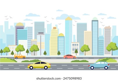 Flat Design Illustration of Cars Vehicle in City Road Traffic with Cityscape in Bright Day