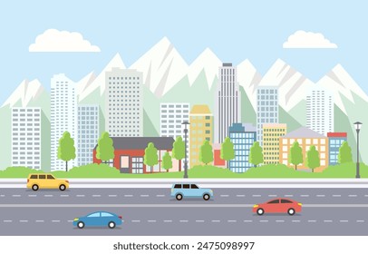 Flat Design Illustration of Cars Vehicle in City Road Traffic with Cityscape in Bright Day