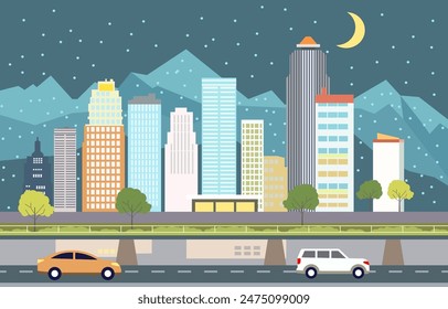 Flat Design Illustration of Cars Vehicle in City Road Traffic with Cityscape at Night