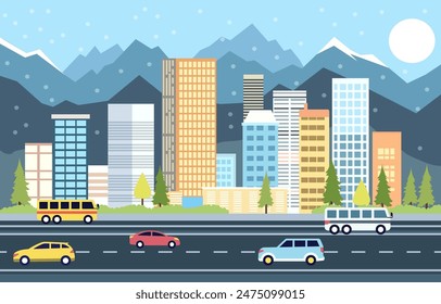 Flat Design Illustration of Cars Vehicle in City Road Traffic with Cityscape in Snow Season