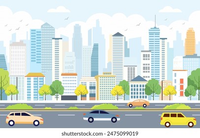 Flat Design Illustration of Cars Vehicle in City Road Traffic with Cityscape in Bright Day