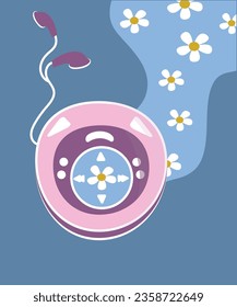 Flat Design Illustration with CD Player and Daisy Background