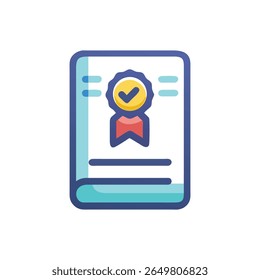 Flat design illustration of certificate document with checkmark badge and ribbon. Symbolizes quality and guarantee for commercial use.