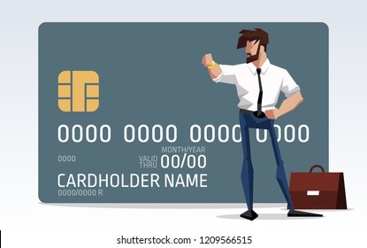 flat design illustration character businessman with a beard standing with plastic credit card and looking at wristwatch. Flat design banner. Isolated on white background. Manager with bank debit card