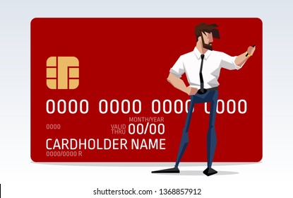 flat design illustration character businessman with beard standing with plastic credit card and looking at phone. Flat design banner isolated on white background manager with bank card and smartphone