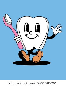Flat Design Illustration with Character Fun Tooth and Brush
