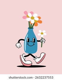 Ilustración plana del diseño con la botella de las flores de la diversión del carácter