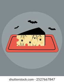 Flat Design Illustration with Cheese and Web,Spider,Bat