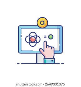 Flat design illustration of chemistry learning on a computer screen with hand interaction. Educational and informative style.