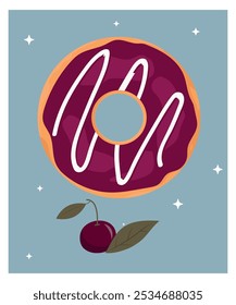 Flat Design Illustration with Cherry Cream Donut