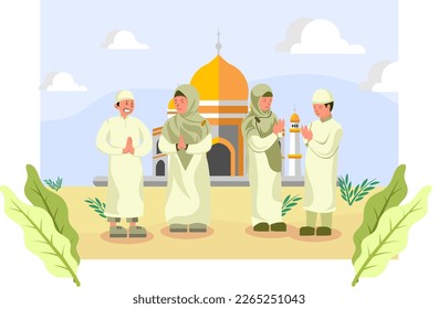Flat Design Illustration of a Child Apologizing to His Mother in Front of a Mosque