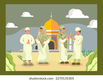 Flat Design Illustration of a Child Apologizing to His Mother in Front of a Mosque