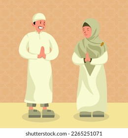 Flat Design Illustration of a Child Seeking Forgiveness from His Mother on Eid Al-Fitr 2