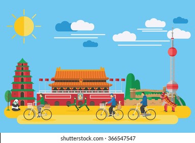 Flat design, Illustration of China's landmarks and icons