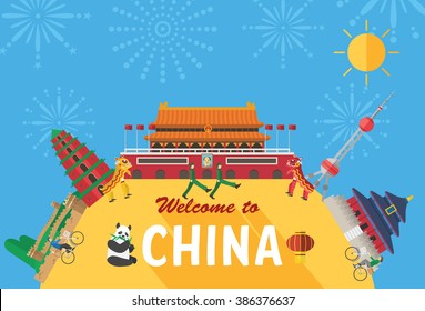 Flat design, Illustration of China's landmarks and icons