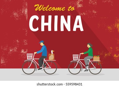 Flat design, Illustration of Chinese people riding bicycles, vector