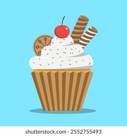 Flat design illustration of a chocolate cupcake topped with whipped cream, a cherry, and decorative cookies. Perfect for dessert-themed projects, food-related designs, or digital and print media.