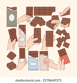 Flat design illustration of chocolate elements, featuring rich textures and warm tones, perfect for food-themed projects and designs.