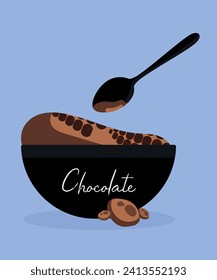  Ilustración de diseño plano con chocolate en placa y cuchara