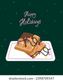 Flat Design Illustration with Chocolate Waffles and Christmas Lights